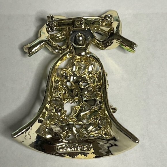 VTG Gerry's Christmas Holiday Bell Gold Tone Red Green Movable Bow Brooch Pin 2" - Picture 5 of 15